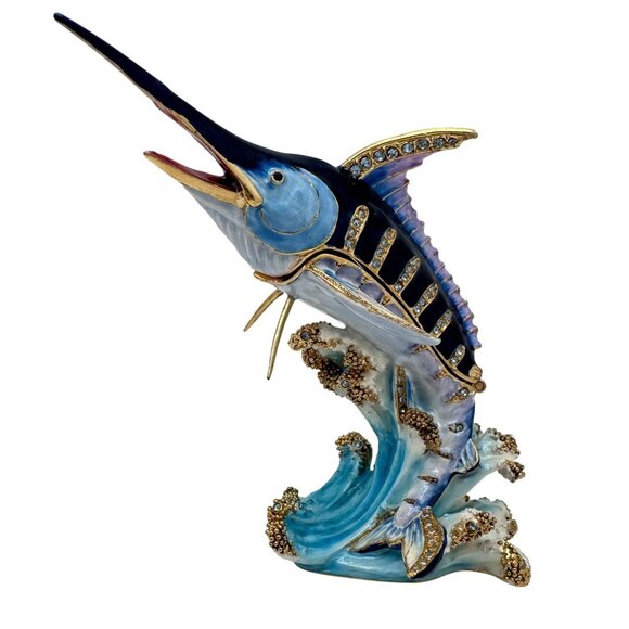 Marlin SwordFish Trinket Box With Swarovski Crystals Hand Painted Enamel - Picture 1 of 11